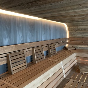 picture sauna lighting bench slats wooden panel profile wood assembly construction facility wellness sea time wave pool u spa buesum fire ice sauna group