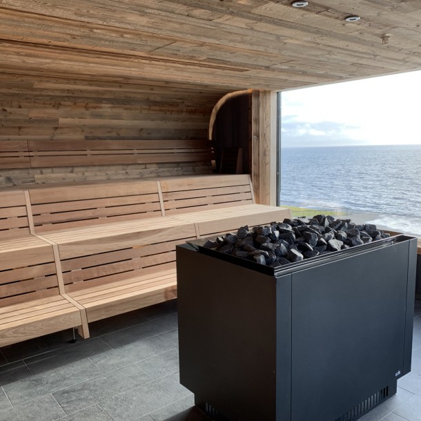 picture sauna stove kw bench slats wood panel profile wood window assembly construction facility wellness sea time wave pool u spa buesum fire ice sauna group